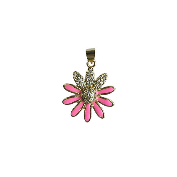 Gouden bedel van een roze bloem met witte zirconia kristalletjes. Ideale bedel voor aan je ketting of armband.