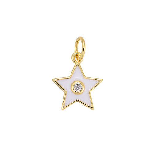 Klein bedeltje in de vorm van een ster met wit en goud. Ideale bedel voor aan je ketting, armband of oorbel.