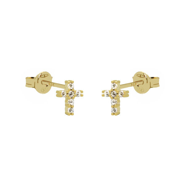 Oorknopjes goud kruis met kleine zirconia steentjes. Deze oorbellen zijn een ideale aanvulling op je collectie earparty en leuk voor een 2e of 3e gaatje.
