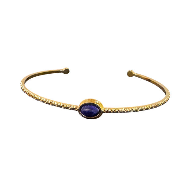 Gouden bangle armband met een blauwe steen van stainless steel. Past bij iedere outfit en als aanvulling op jouw collectie armbanden.
