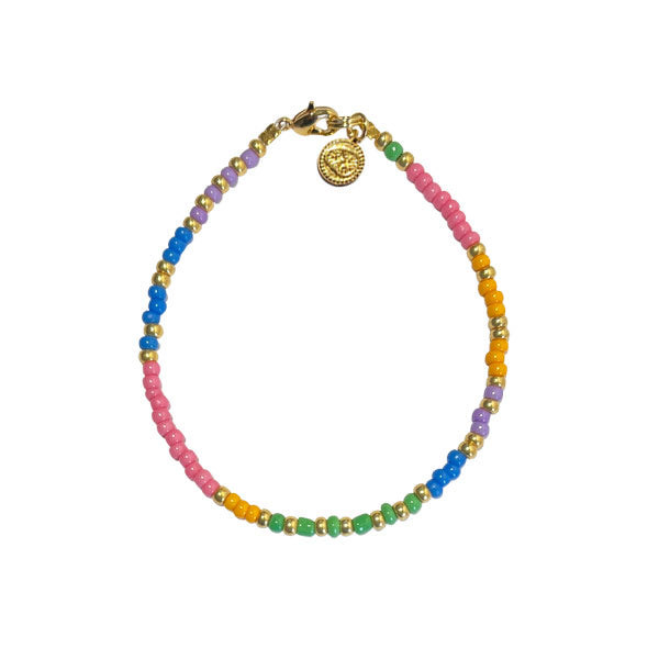 zomerse Beadies armband geregen van fijne rocailles in een combinatie van geel, lila, roze, blauw, groen en goud. 