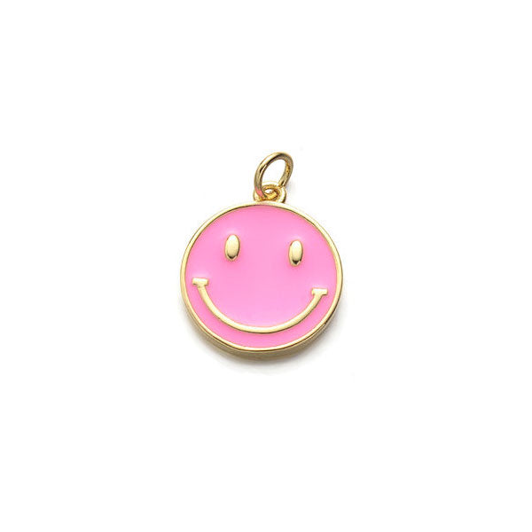 Gouden bedel van een roze smiley. Ideale bedel voor aan je ketting, armband of oorbel.