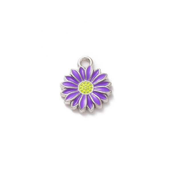 Zilveren bedel van een paarse bloem. Ideale bedel voor aan een bedelketting of armband.