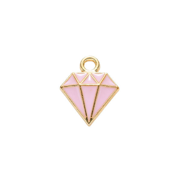 Klein bedeltje van een roze diamantje met goud. Ideaal voor aan een bedelketting of armband.