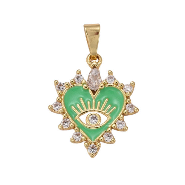Gouden bedel van een groen hart met een evil eye. Een opvallende hanger voor aan jouw favoriete ketting.  