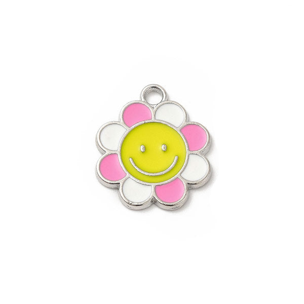 Zilveren bedel van een smiley bloem met roze, gele, blauwe en witte blaadjes. ideale bedel voor aan een bedelketting of armband.