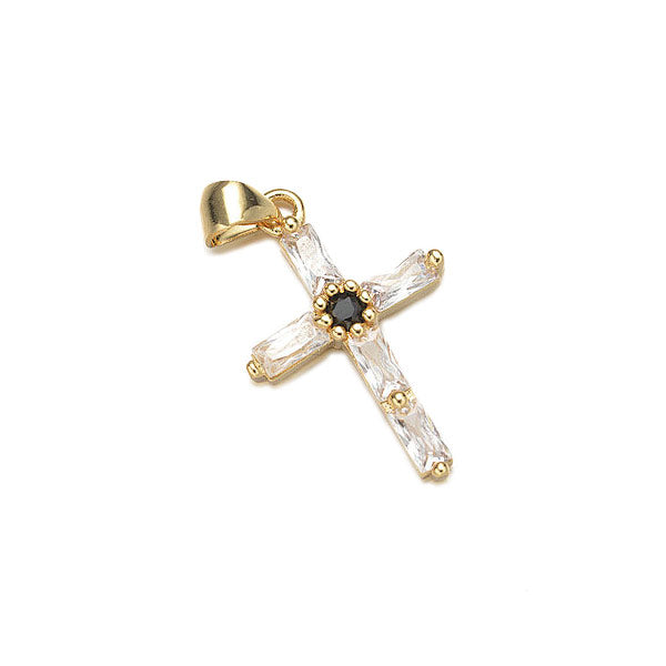Gouden bedel van een kruis met witte zirconia kristalletjes.  Ideale hanger voor aan een schakelketting. 