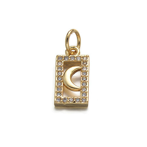 Gouden bedel van een maan met witte zirconia steentjes. Ideale bedel voor aan je ketting, armband of oorbel.