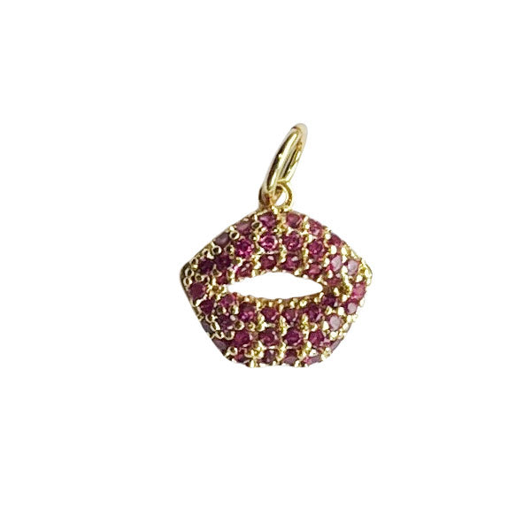 Gouden bedel van een mondje met roze zirconia steentjes. Ideale bedel voor aan je ketting, armband of oorbel.