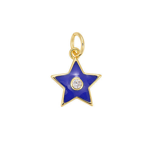 Klein bedeltje in de vorm van een ster met blauw en goud. Ideale bedel voor aan je ketting, armband of oorbel.