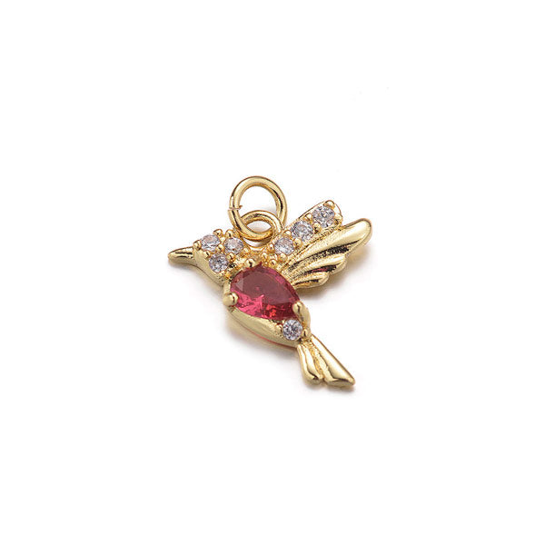 Gouden bedeltje van een rode kolibrie. Ideaal hangertje voor aan je bedelketting, armband of oorbel.