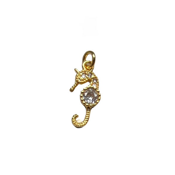 Klein gouden bedeltje van een zeepaardje met zirconia kristal. Ideaal voor aan een bedelketting of armband.