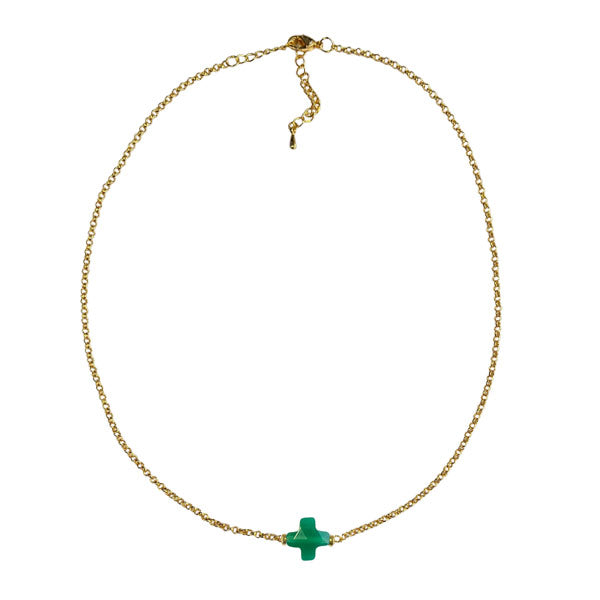 korte minimalistische gouden schakel ketting met facet geslepen groene agaat steen in het midden. In lengte verstelbaar.